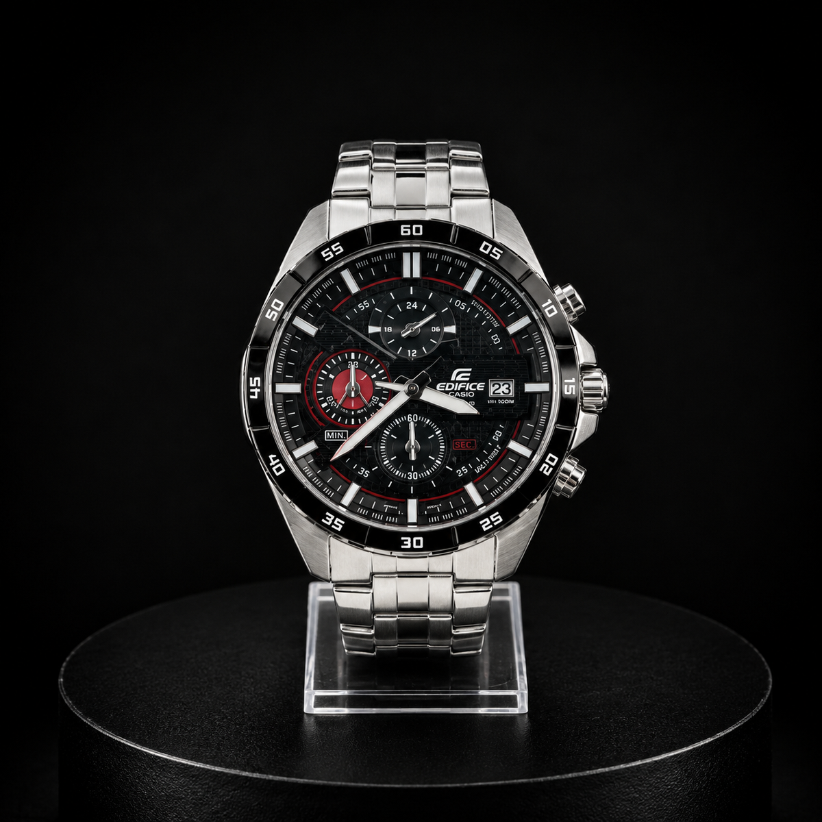 Reloj Casio Edifice Plateado Cronógrafo con Esfera Negra y Detalles Rojos