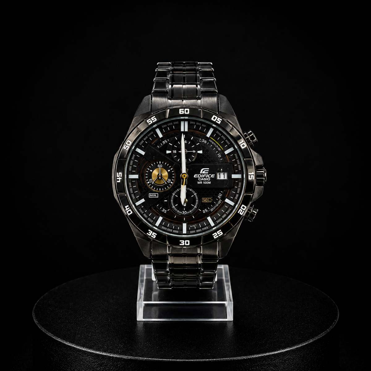 Reloj Casio Edifice Negro Cronógrafo con Esfera Negra y Detalles Dorados