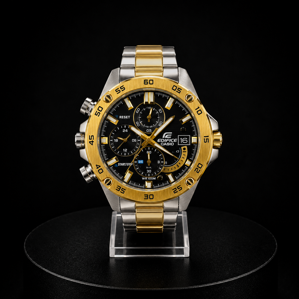 Reloj Casio Edifice Bicolor Dorado y Plateado Cronógrafo con Esfera Negra
