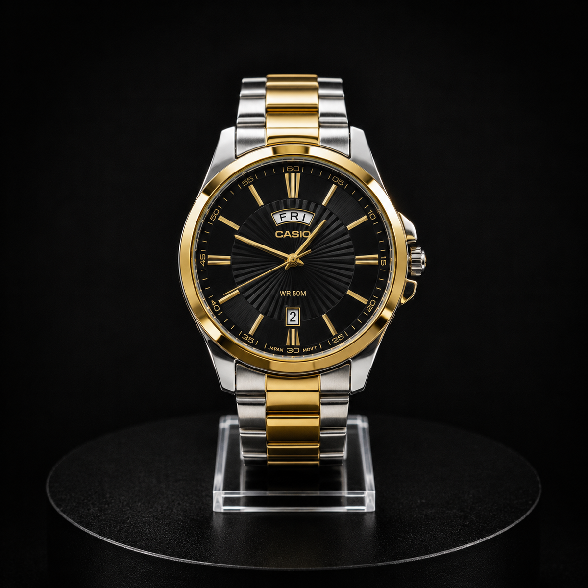 Reloj Casio Dorado con Esfera Negra y Calendario