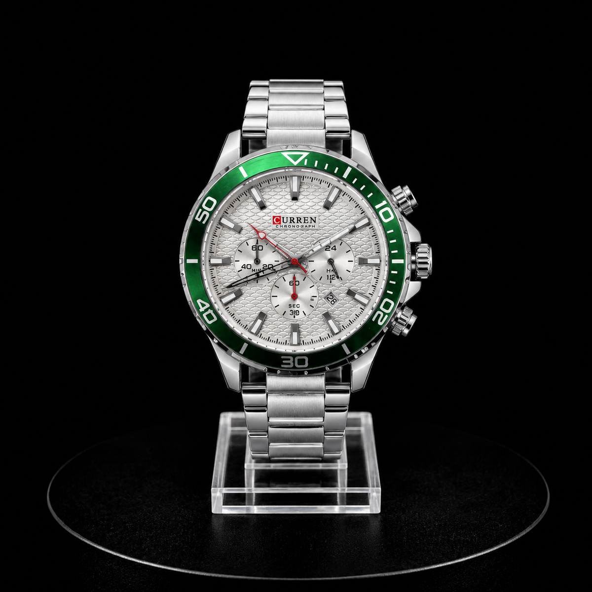 Reloj Curren Cronógrafo Plateado con Bisel Verde y Esfera Blanca