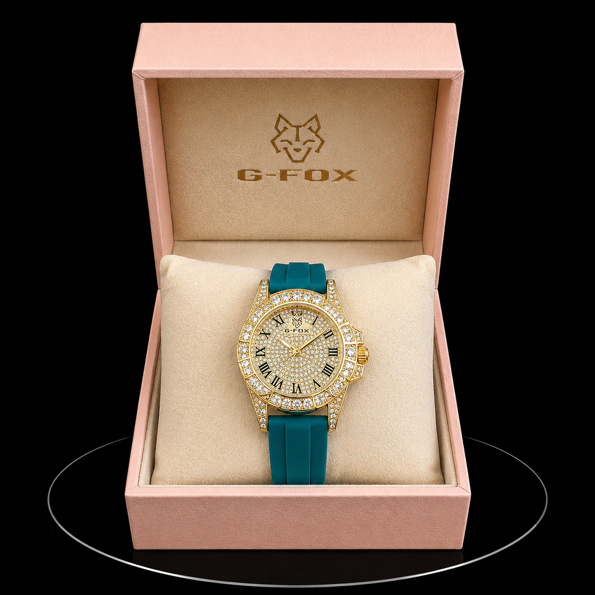 Reloj G-Fox Dorado Ice con Correa Verde Petróleo y Números Romanos