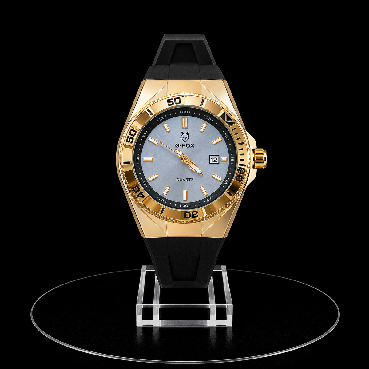 Reloj G-Fox Transparente Dorado con Correa Negra y Esfera Plateada