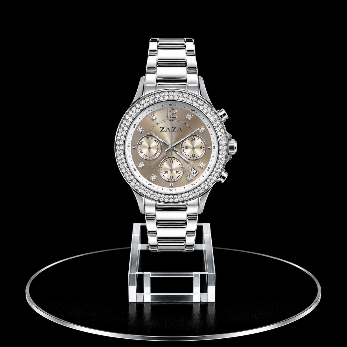 Reloj Razza Plateado Multifunción con Cristales y Esfera Blanca