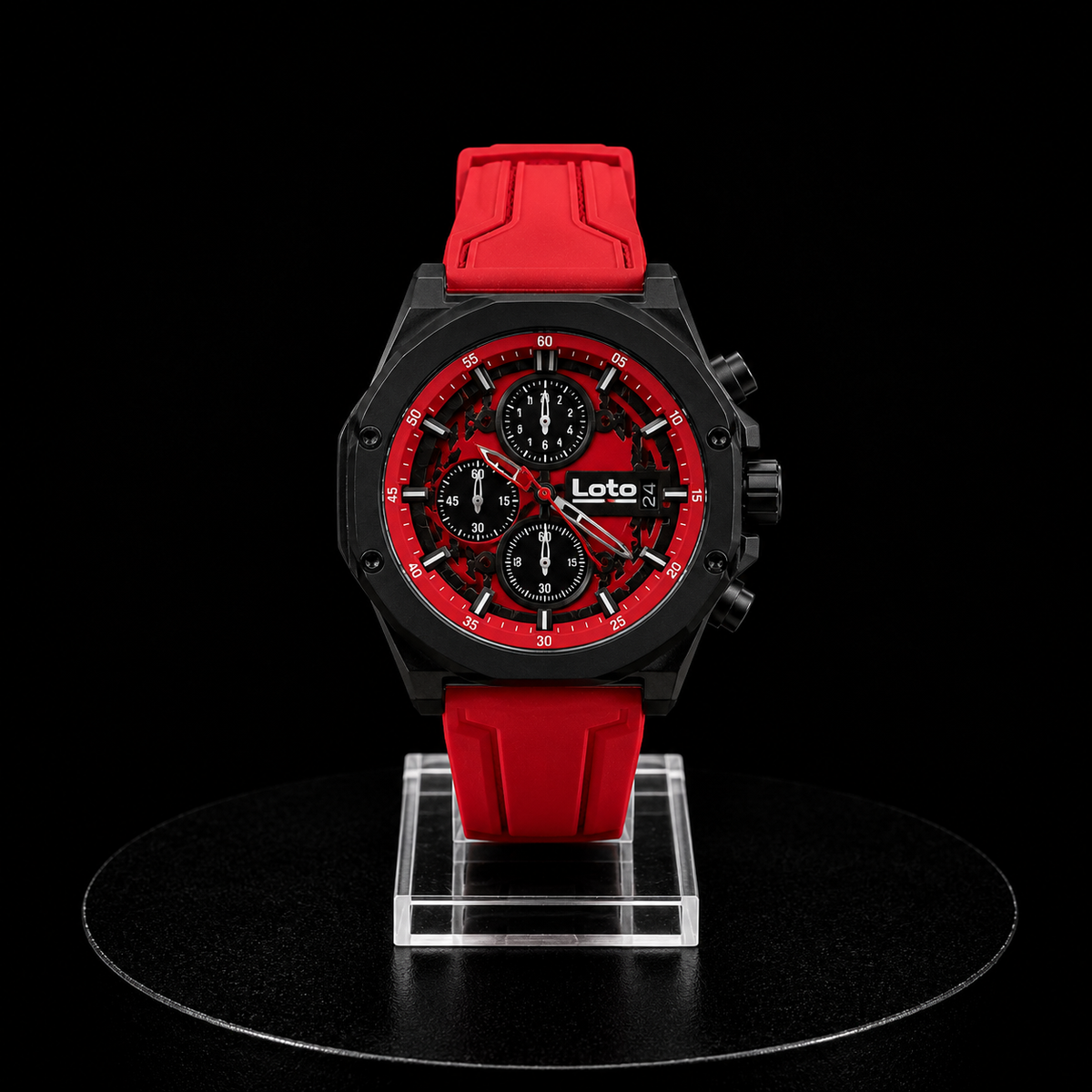 Reloj Loto Cronógrafo Negro y Rojo con Correa de Silicona Roja