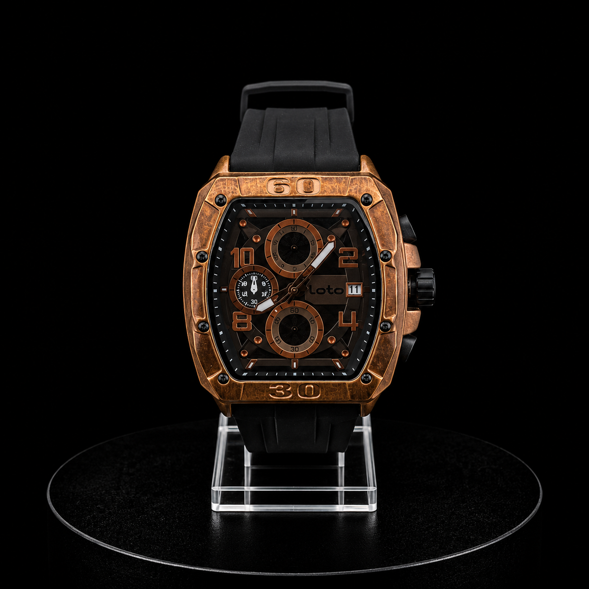 Reloj Loto Rose Gold con Caja Rectangular y Correa de Silicona Negra