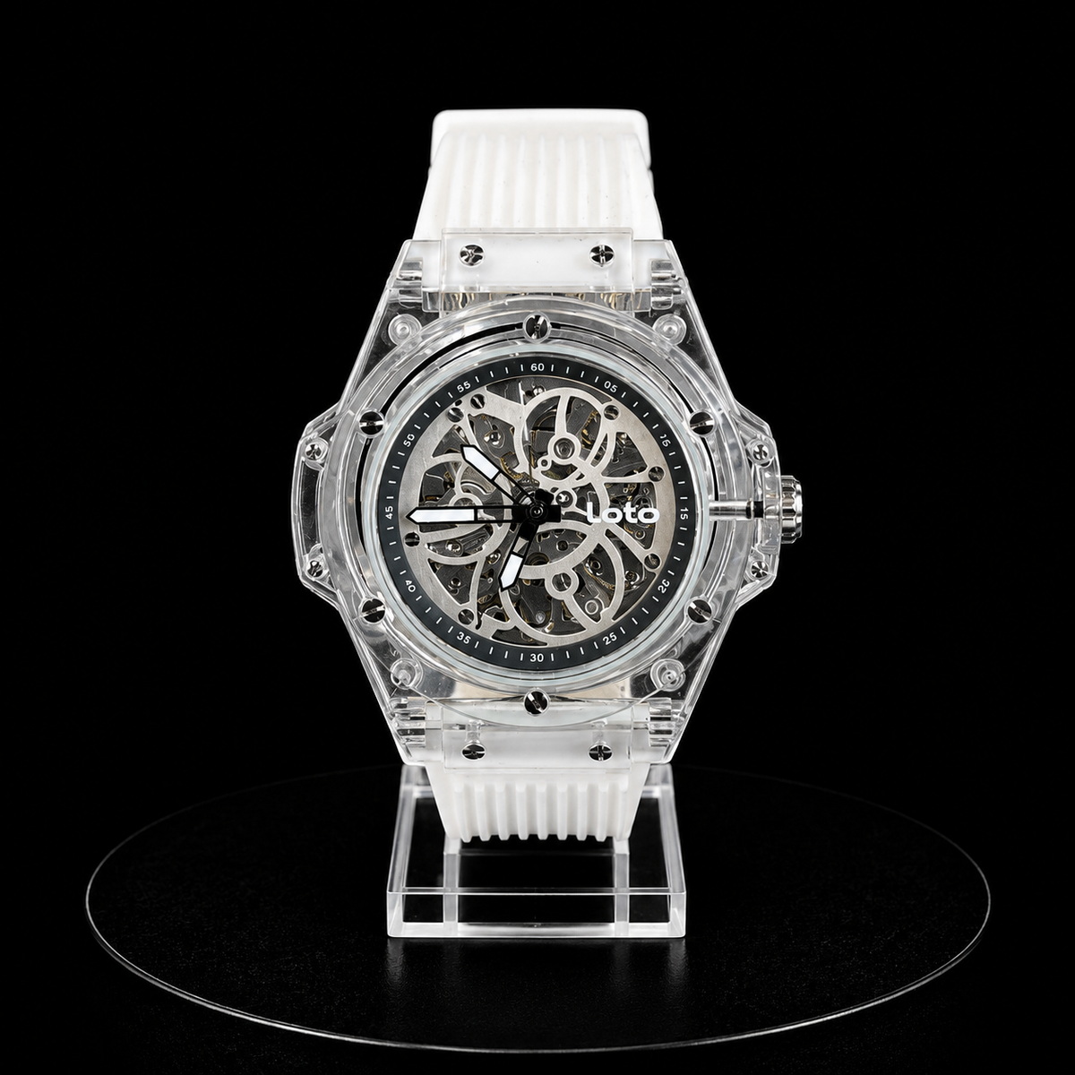 Reloj Loto Skeleton Transparente con Correa Blanca