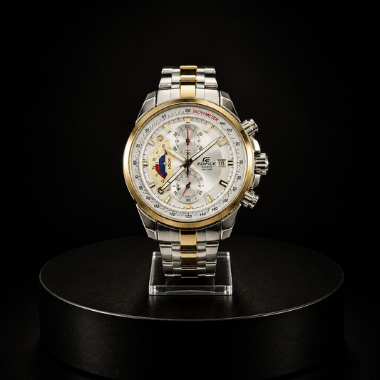 Reloj Casio Edifice Plateado y Dorado Cronógrafo Premium con Esfera Blanca