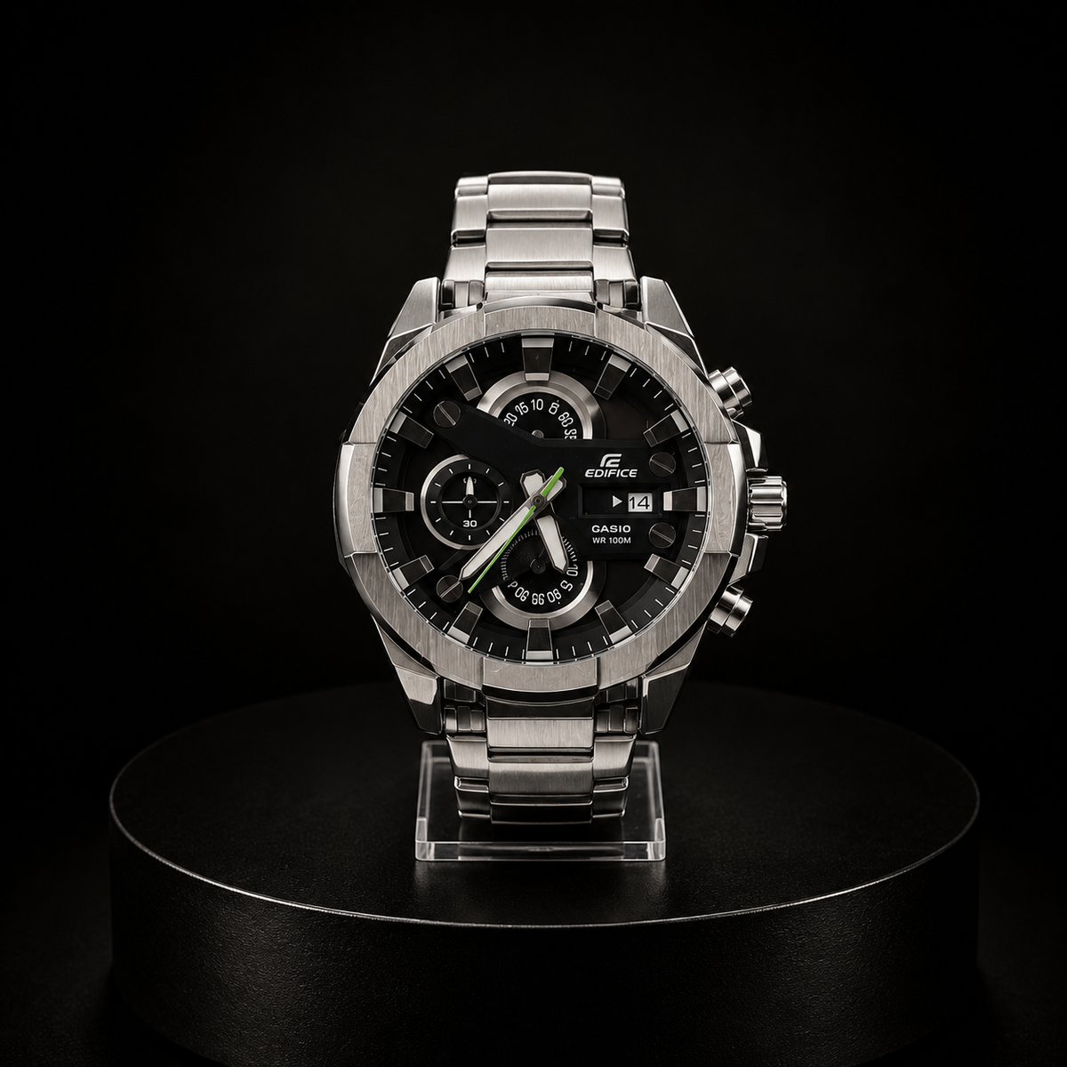 Reloj Casio Edifice Plateado Deportivo Cronógrafo con Esfera Negra Premium
