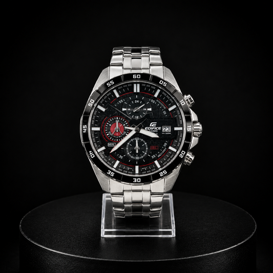 Reloj Casio Edifice Plateado Cronógrafo con Esfera Negra y Detalles Rojos