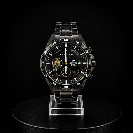 Reloj Casio Edifice Negro Cronógrafo con Esfera Negra y Detalles Dorados