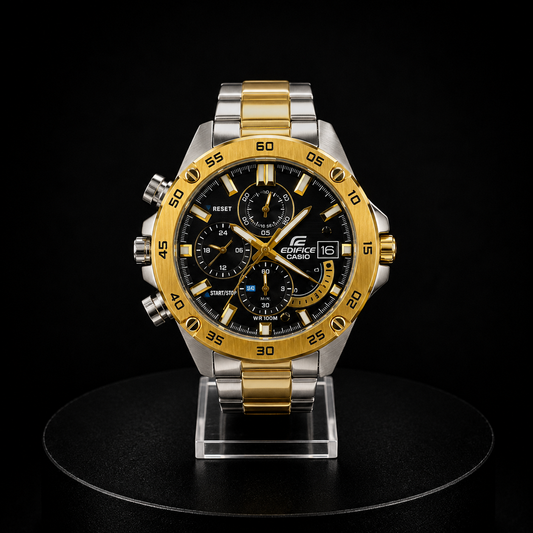 Reloj Casio Edifice Bicolor Dorado y Plateado Cronógrafo con Esfera Negra