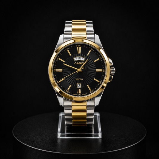 Reloj Casio Dorado con Esfera Negra y Calendario