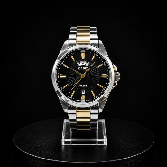 Reloj Casio Dorado con Esfera Negra, Día y Fecha
