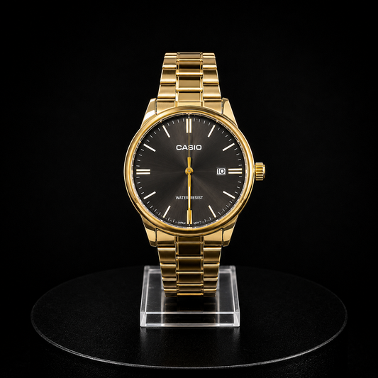 Reloj Casio Dorado con Esfera Negra Minimalista y Calendario