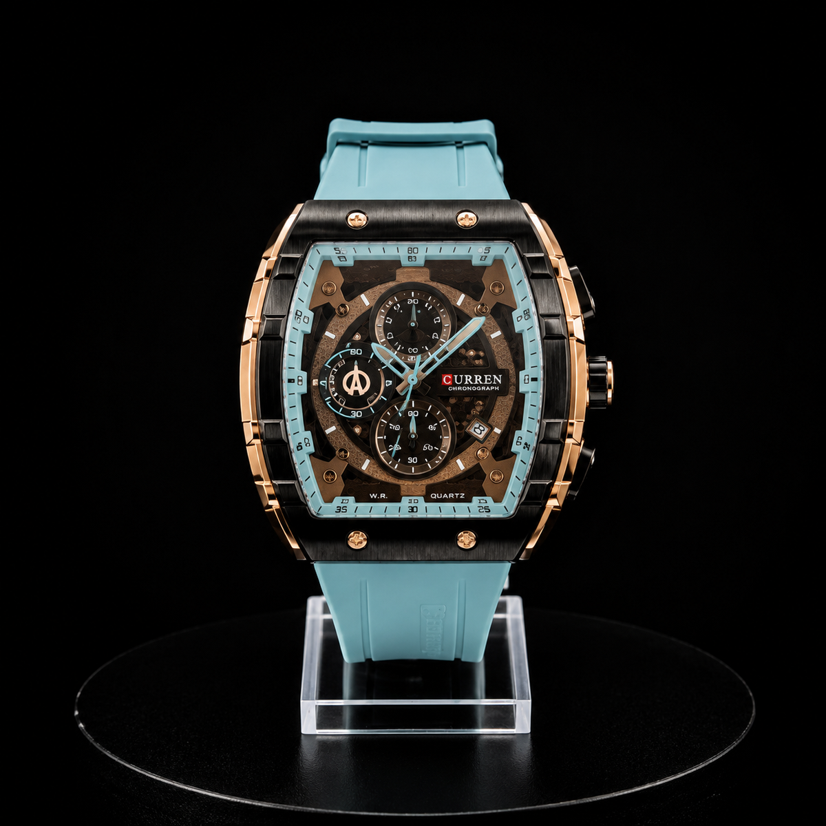 Reloj Curren Cronógrafo Azul Celeste y Rose Gold con Correa de Silicona