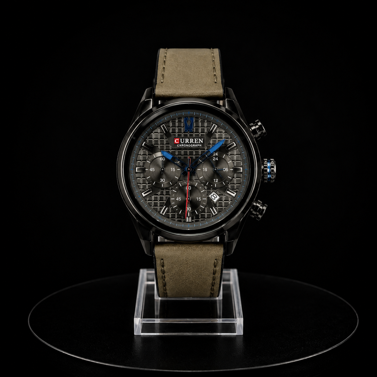 Reloj Curren Cronógrafo Gris con Detalles Azules y Correa de Cuero