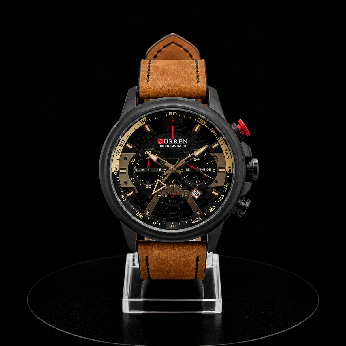 Reloj Curren Cronógrafo Negro con Detalles Dorados y Correa Café
