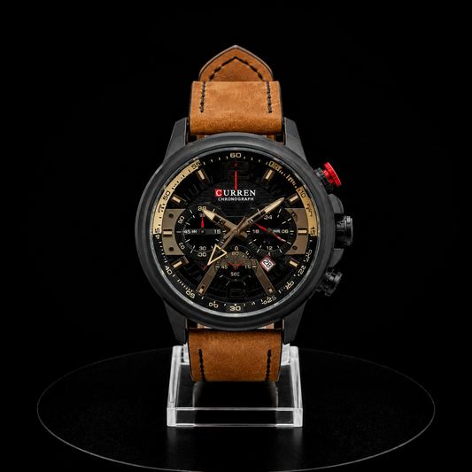 Reloj Curren Cronógrafo Negro con Detalles Dorados y Correa Café