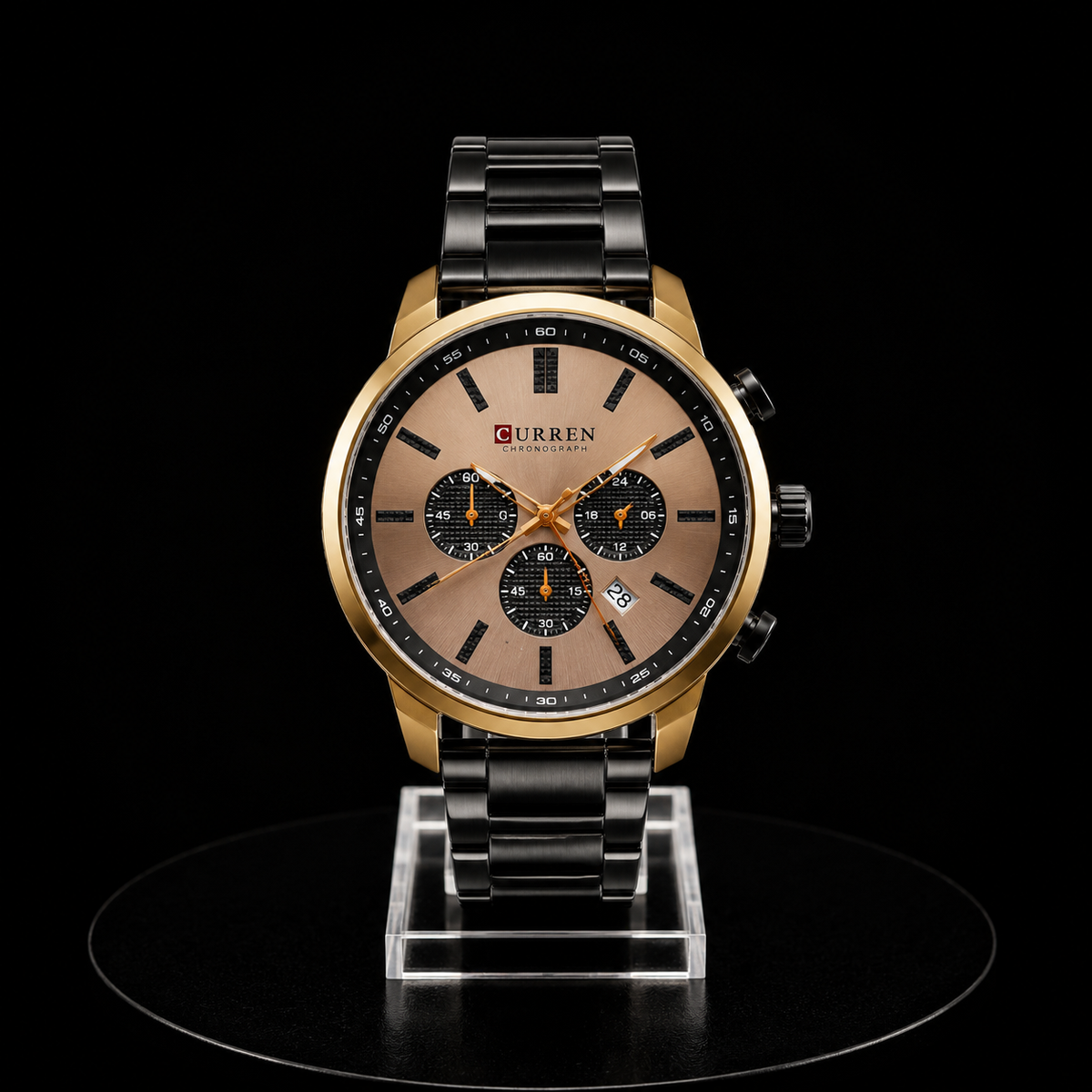 Reloj Curren Cronógrafo Rose Gold con Esfera Beige y Brazalete Metálico Negro