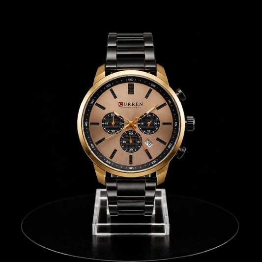 Reloj Curren Cronógrafo Rose Gold con Esfera Beige y Brazalete Metálico Negro