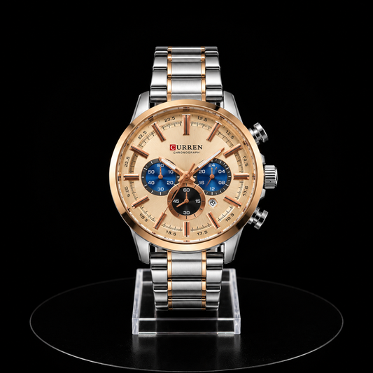 Reloj Curren Cronógrafo Plateado y Rose Gold con Esfera Beige y Subesferas Azules