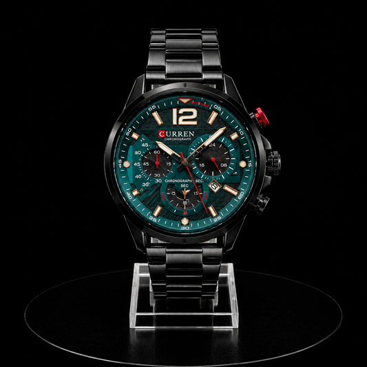 Reloj Curren Cronógrafo Negro con Esfera Verde Petróleo y Detalles Rojos