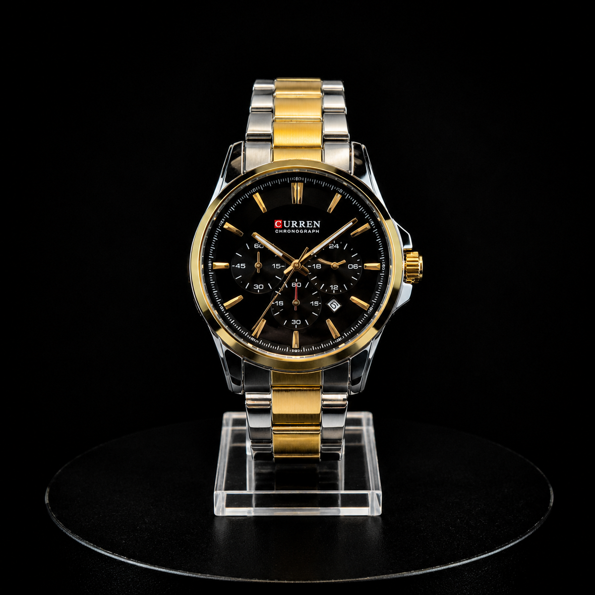 Reloj Curren Cronógrafo Bicolor Dorado y Plateado con Esfera Negra