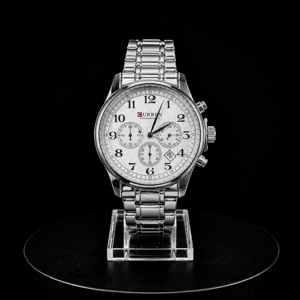 Reloj Curren Cronógrafo Plateado con Esfera Blanca y Números Árabes
