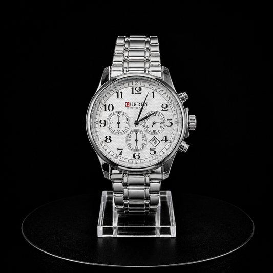 Reloj Curren Cronógrafo Plateado con Esfera Blanca y Números Árabes