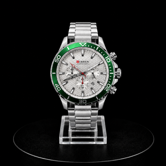 Reloj Curren Cronógrafo Plateado con Bisel Verde y Esfera Blanca