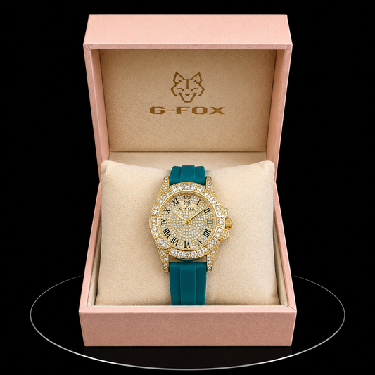 Reloj G-Fox Dorado Ice con Correa Verde Petróleo y Números Romanos