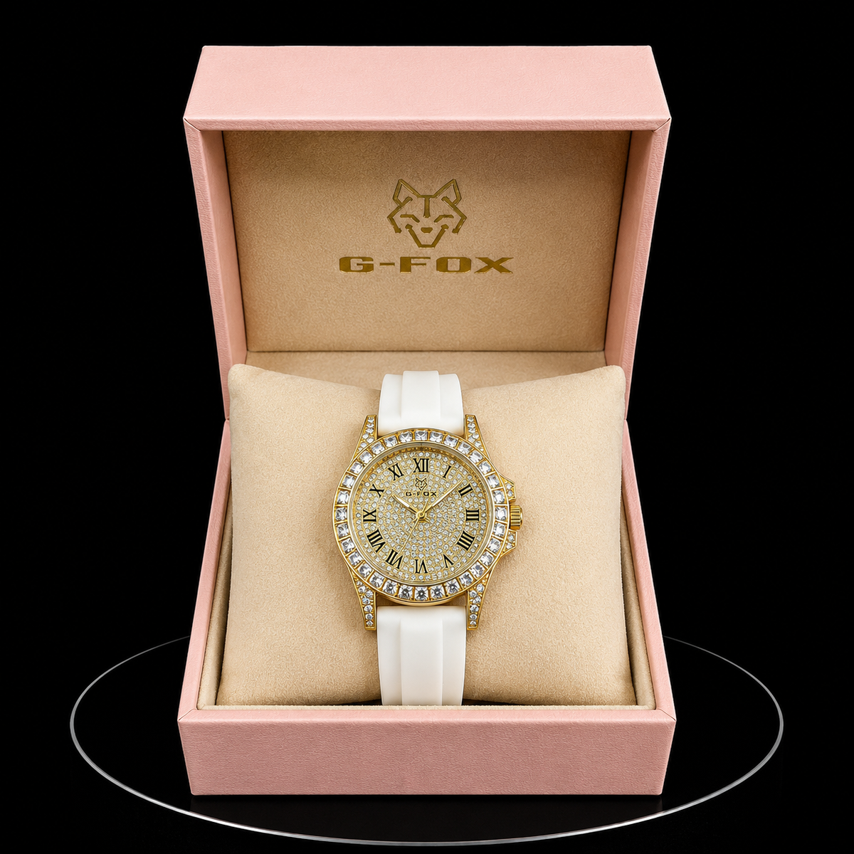 Reloj G-Fox Dorado Ice con Correa Blanca y Números Romanos