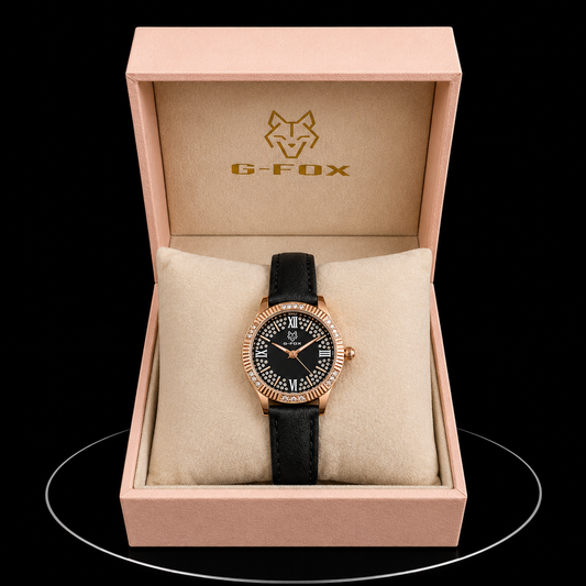 Reloj G-Fox Rose Gold con Esfera Negra, Cristales y Correa Negra