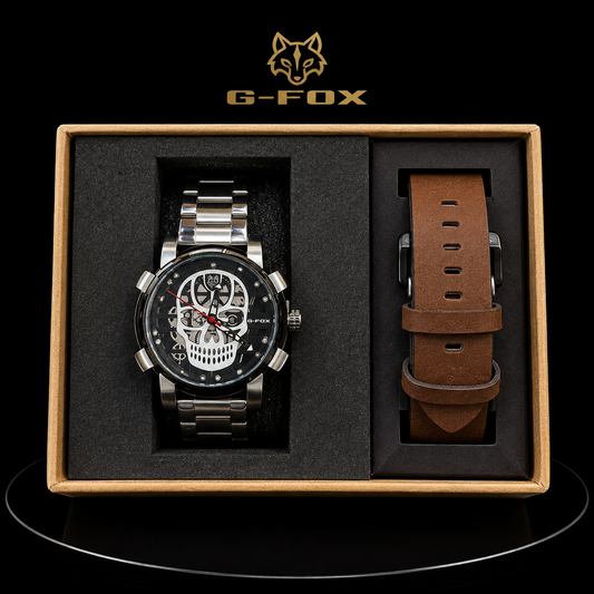 Reloj G-Fox Calavera Plateado con Correa Intercambiable Café