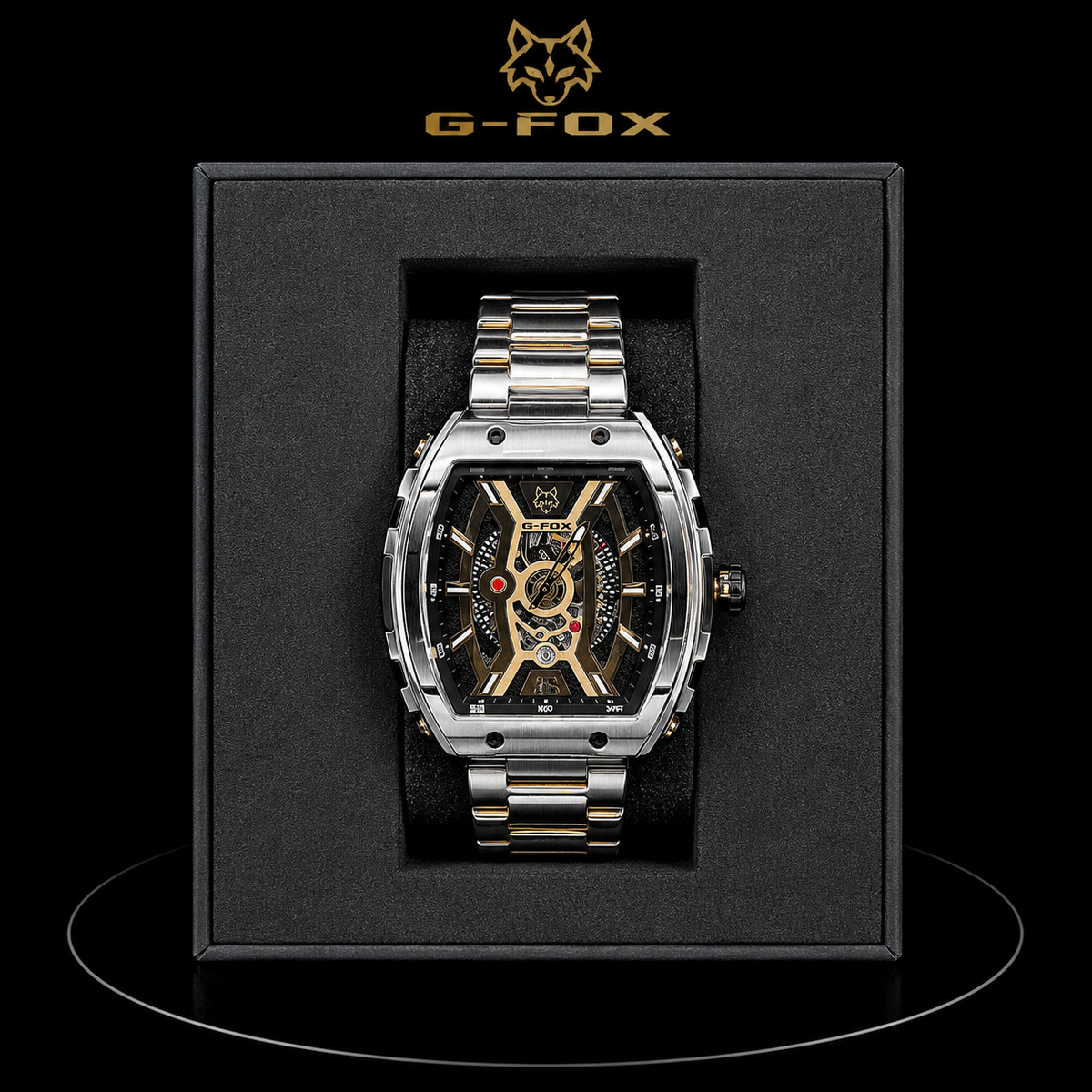 Reloj G-Fox Skeleton Plateado Tonneau con Detalles Dorados