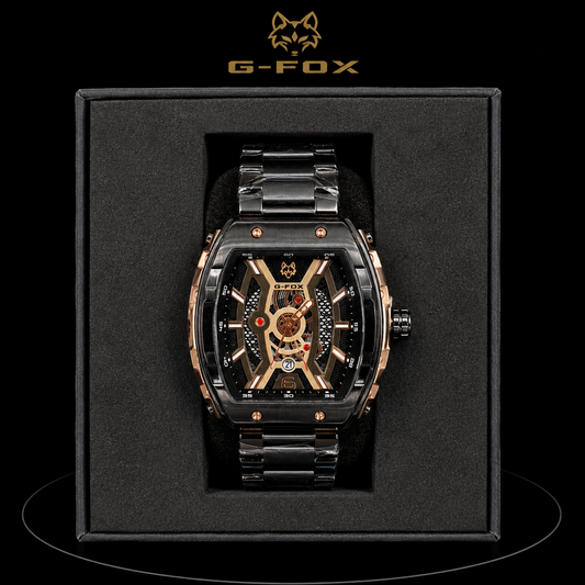 Reloj G-Fox Skeleton Negro Tonneau con Detalles Rose Gold