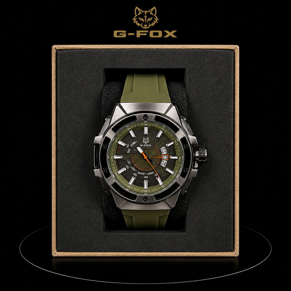 Reloj G-Fox Deportivo Verde Militar con Detalles Naranja
