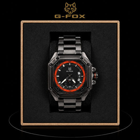 Reloj G-Fox Negro Cuadrado con Detalles Naranja