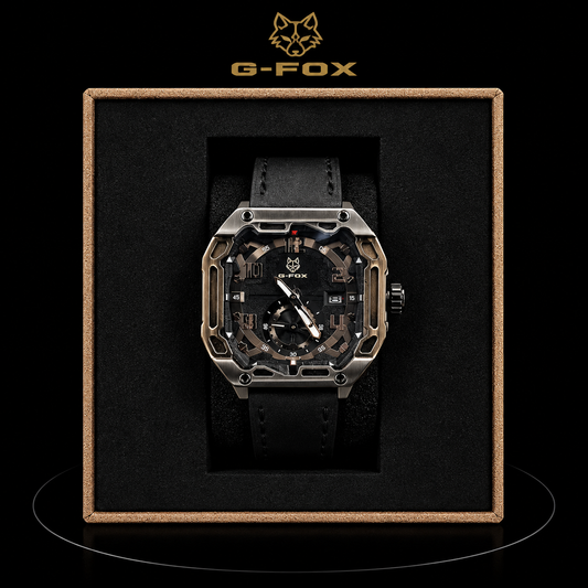 Reloj G-Fox Cuadrado Negro y Plateado con Correa Tipo Cuero
