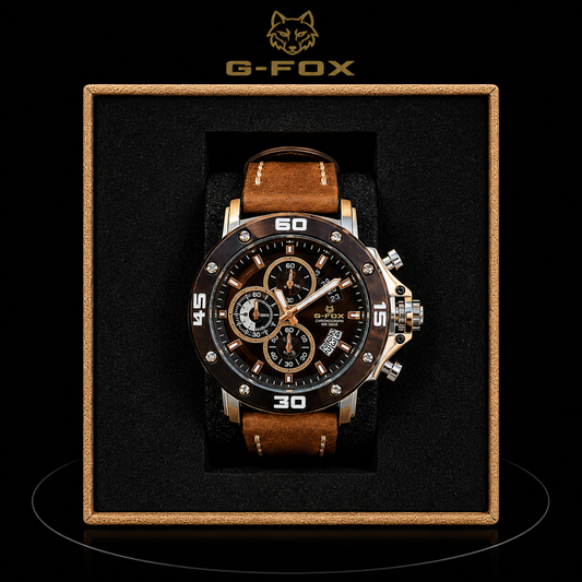 Reloj G-Fox Deportivo Negro con Correa Café y Detalles Plateados