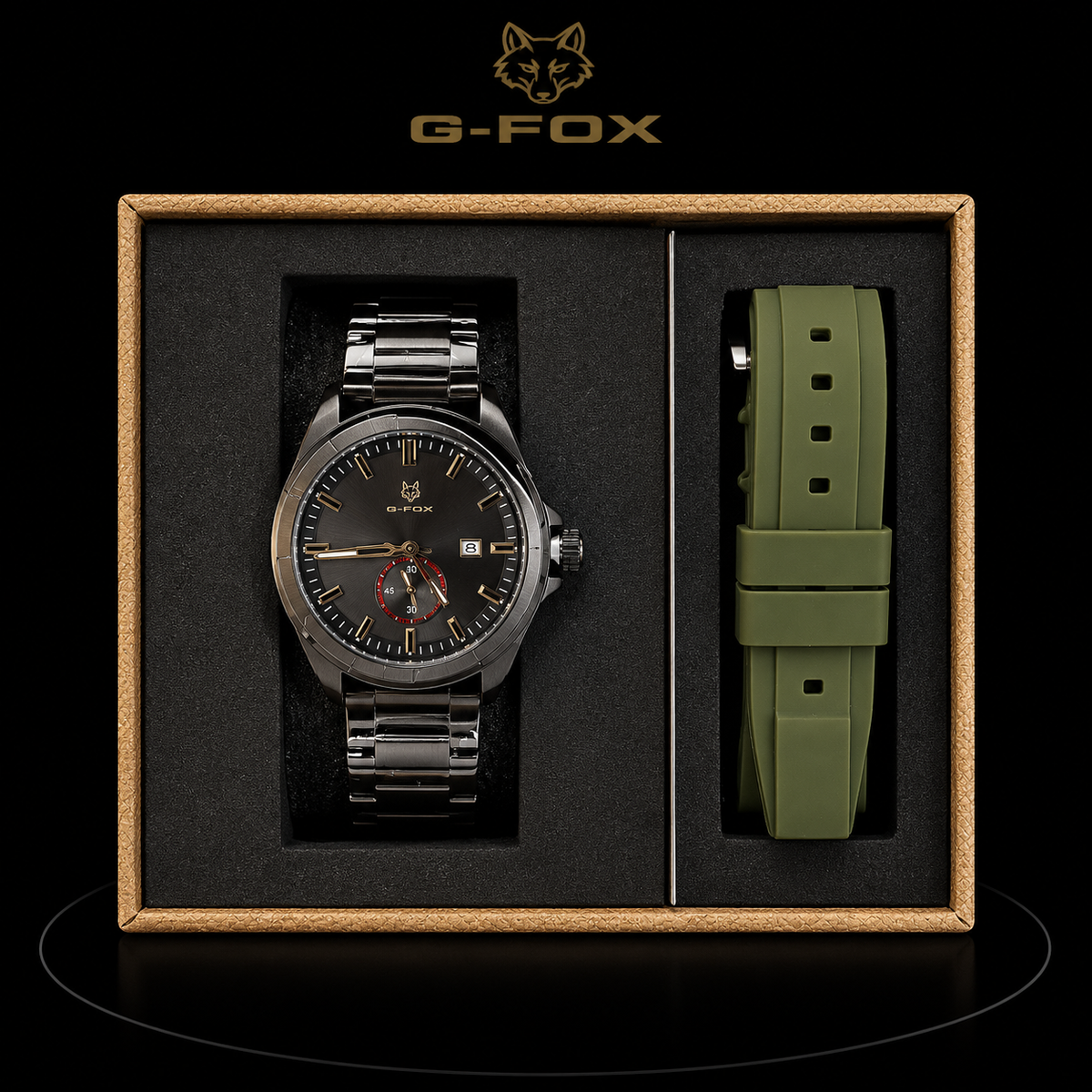 Reloj G-Fox Negro con Brazalete Metálico y Correa Verde Intercambiable