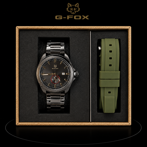 Reloj G-Fox Negro con Brazalete Metálico y Correa Verde Intercambiable