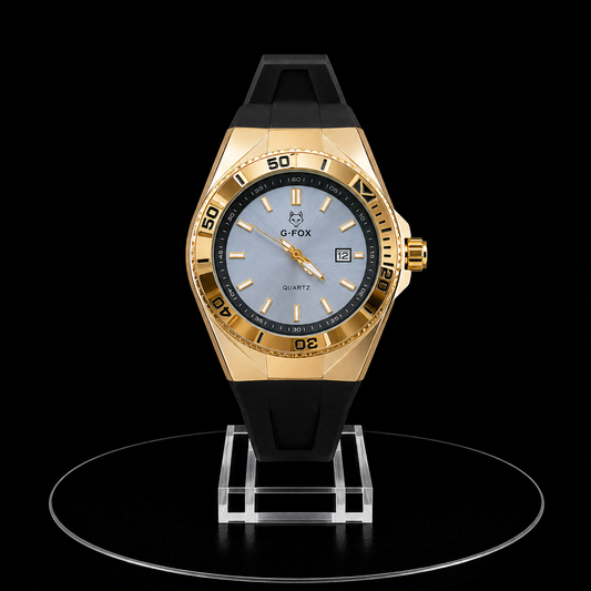Reloj G-Fox Transparente Dorado con Correa Negra y Esfera Plateada