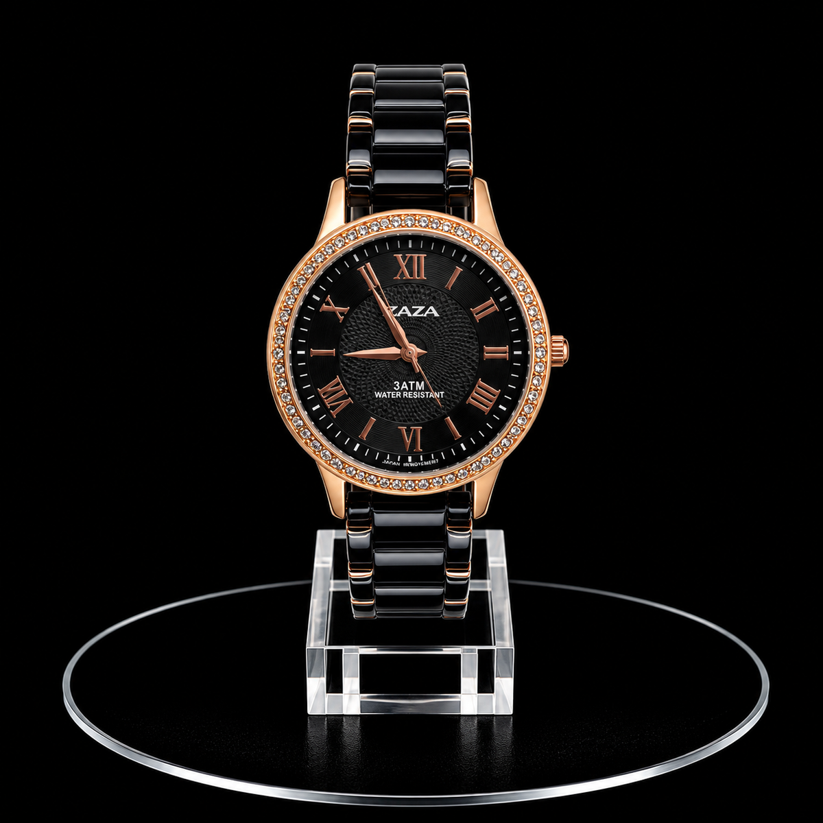 Reloj Razza Negro y Rose Gold con Cristales y Números Romanos