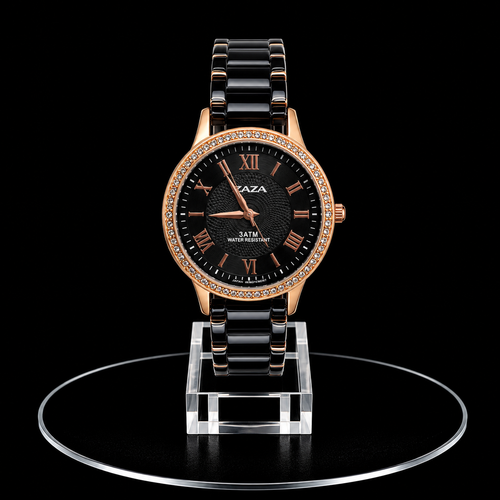 Reloj Razza Negro y Rose Gold con Cristales y Números Romanos