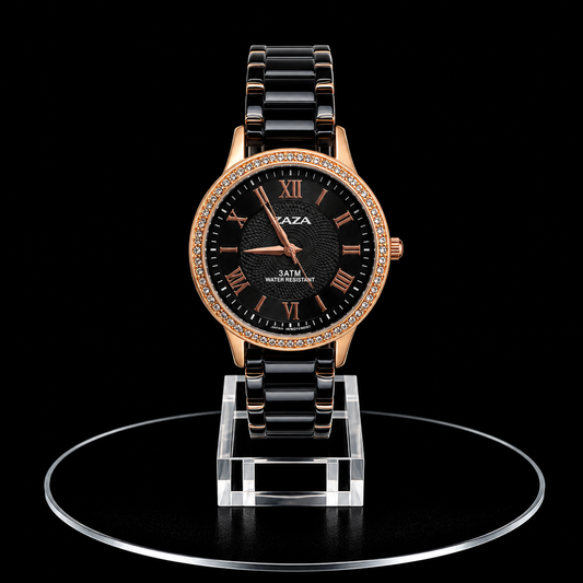 Reloj Razza Negro y Rose Gold con Cristales y Números Romanos