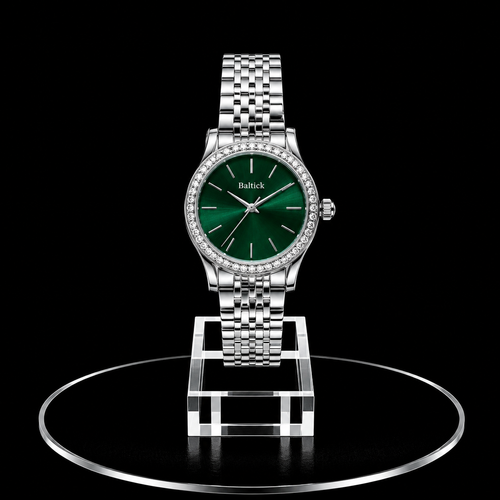 Reloj Baltick Plateado con Esfera Verde y Bisel de Cristales