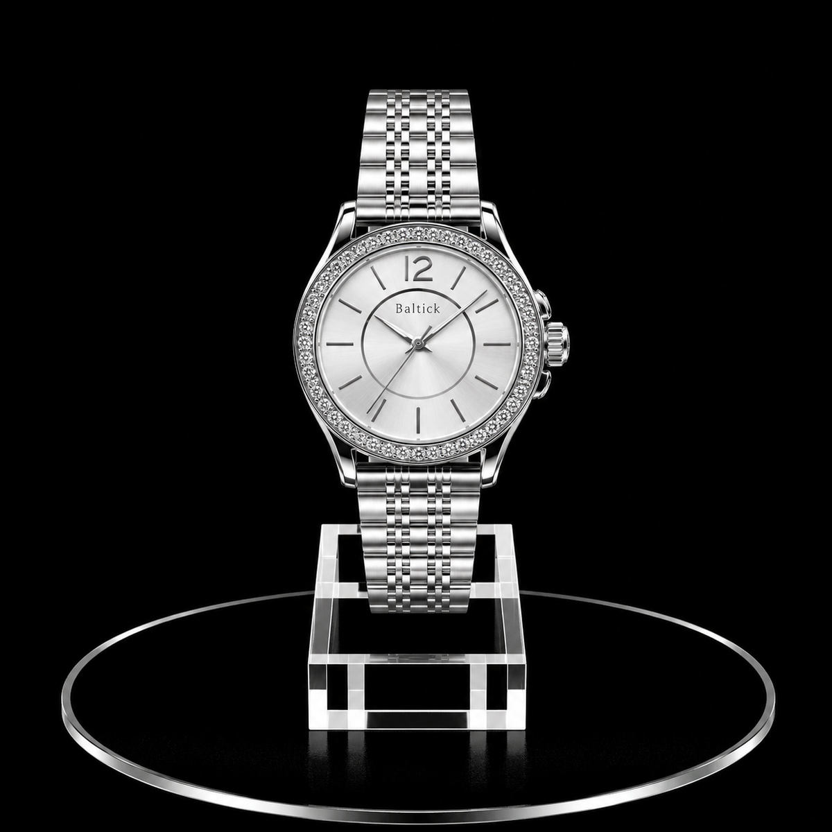 Reloj Baltick Plateado con Esfera Clara y Bisel de Cristales