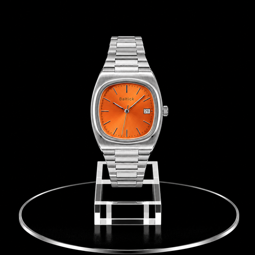 Reloj Baltick Plateado con Esfera Naranja y Ventana de Fecha